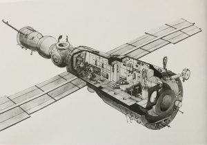 Bild des Basismoduls der Raumstation mir, zylindrisches Objekt mit großen Solarsegeln, Halbriss